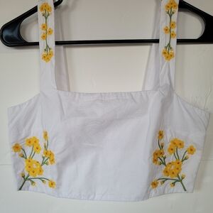 Fanm Mon White Crop Top with Yellow Floral Embroidery Size XS